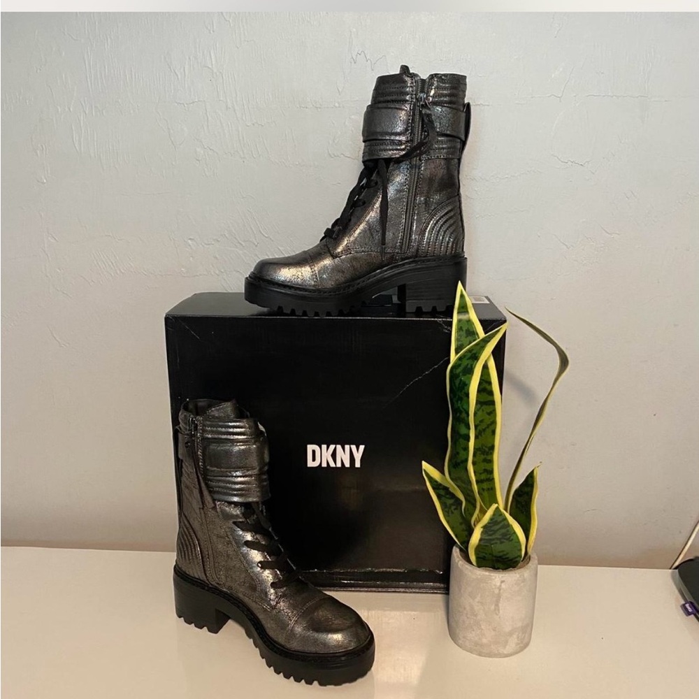 DKNY Women's Shiny Silver‎ Combat Boots